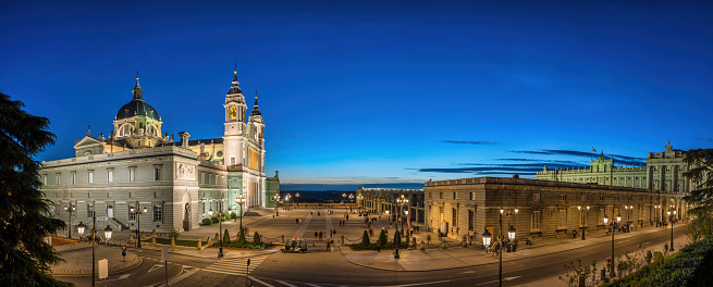 Madrid Spain, night panorama city skyline at Cathedral de la Almudena