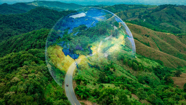 Aerial view of road and green pine forest and soil. electric train concept Use renewable energy and maintain the ecosystem and natural environment as best as possible and help save the planet. Aerial view of road and green pine forest and soil. electric train concept Use renewable energy and maintain the ecosystem and natural environment as best as possible and help save the planet. tropic of capricorn stock pictures, royalty-free photos & images