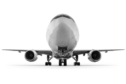 Front view of wide body passenger airplane isolated on white background