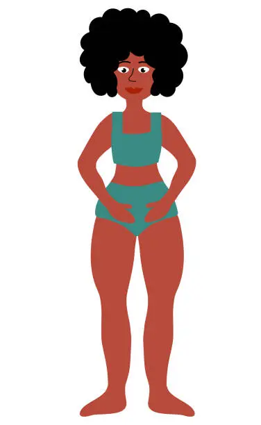 Vector illustration of Body positive concept. Black Plus size Woman standing. Girl in green swimsuit. Cartoon flat vector illustration.