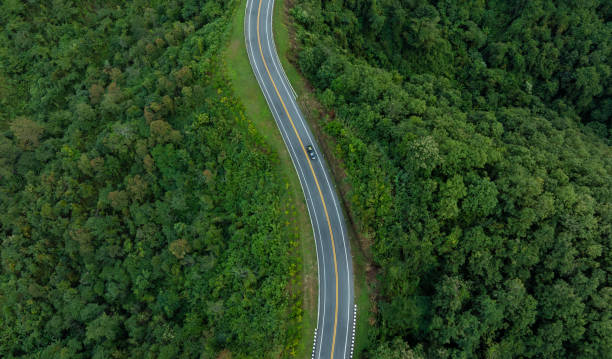 aerial view of road and dark green forest natural landscape and elevated traffic roads adventure travel and transportation ideas for the environment - thailand forest outdoors winding road fotografías e imágenes de stock