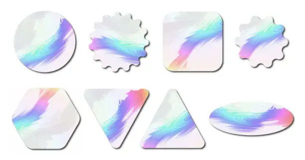 Vector illustration of Assorted Holographic Stickers in Various Shapes on a White Background