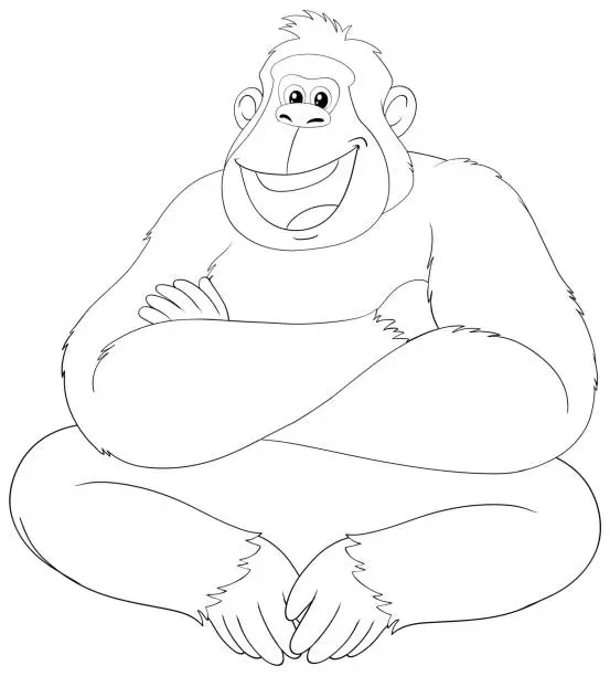 Vector illustration of Line art of a happy, seated gorilla