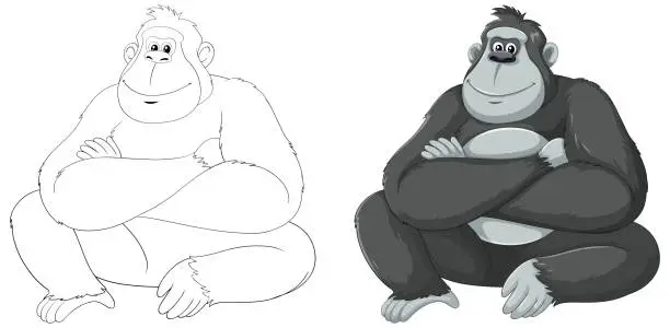 Vector illustration of Two cartoon gorillas depicted in black and white.