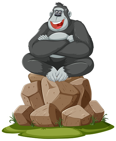 Vector illustration of a happy gorilla sitting on rocks.