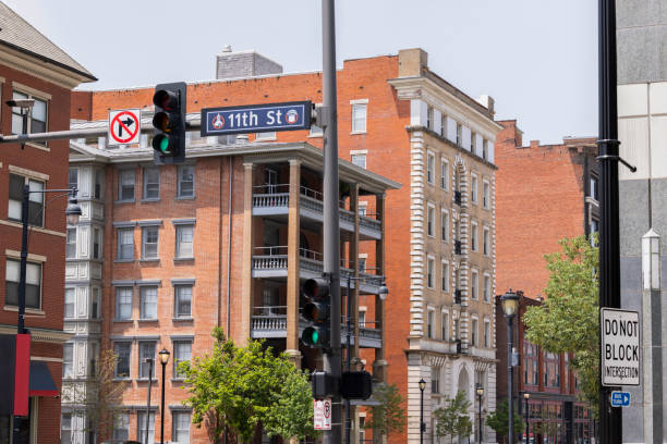Sun shines on the historic buildings of downtown Kansas City, Missouri, USA.