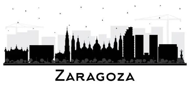 Vector illustration of Zaragoza Spain City Skyline silhouette with black Buildings isolated on white. Zaragoza Cityscape with Landmarks. Business Travel and Tourism Concept with Historic Architecture.
