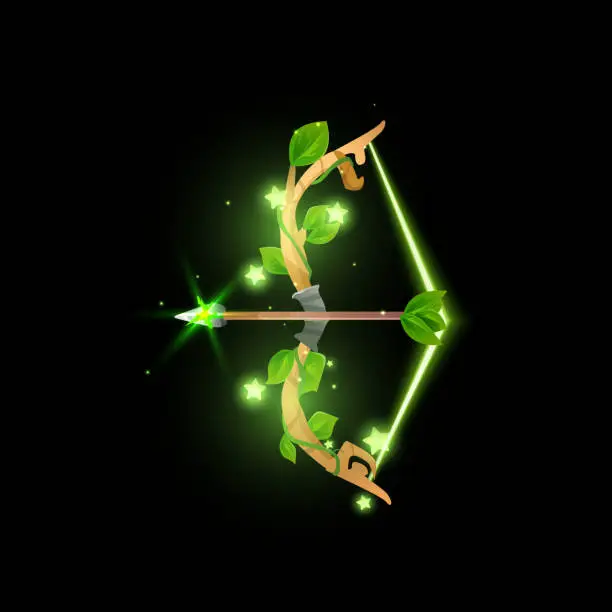 Vector illustration of Bow with leaves, green glowing string and sparkling arrow flay style