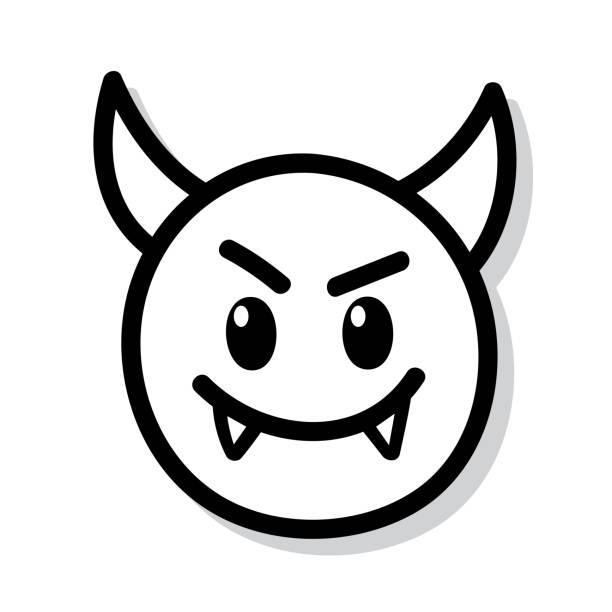 Devil Face Doodle 5 Vector illustration of a hand drawn black and white devil emoji face against a white background. devils horn stock illustrations