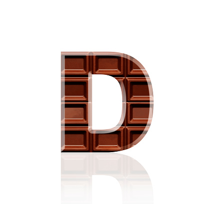 Close-up of three-dimensional chocolate bar alphabet letter D on white background.