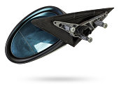 Close-up on a side mirror from a sedan with turn signal repeaters for repair and replacement after an accident in a workshop. Auto service industry. Spare parts catalog.