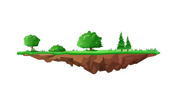 Vector illustration of Level platform, floating summer forest land island, vector cartoon rock stage with lawn and trees for fantasy game asset