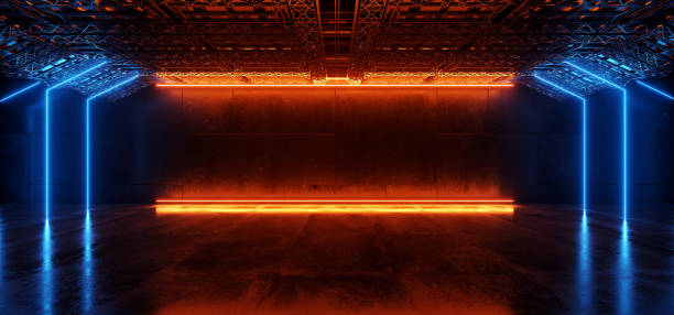 istock Sci Fi Garage Concrete Futuristic Cyber Neon Glowing Wall Construction Background Warehouse Empty Space Grunge Room 3D Rendering 1971890719