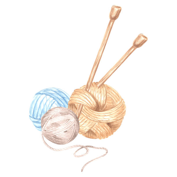 Three balls of thread and wooden knitting needles. Watercolor template illustration of tangles of wool knitting. Isolated hand drawn illustration for cards, knitter blog, needlework store, embroidery Three balls of thread and wooden knitting needles. Watercolor template illustration of tangles of wool knitting. Isolated hand drawn illustration for cards, knitter blog, needlework store, embroidery. sewing thread rolled up creation stock illustrations