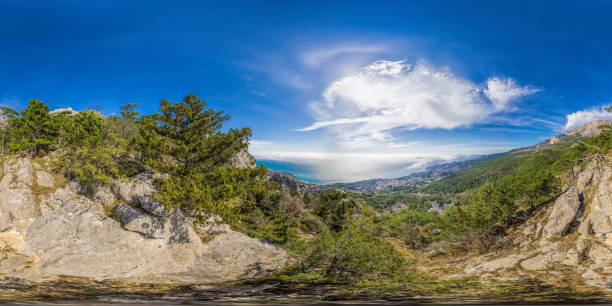istock Wide panoramic view on mountain landscape with lush green hills under clear blue sky, tranquil natural beauty, perfect for outdoor enthusiasts. Seamless 360 degree spherical equirectangular panorama. 1971895369