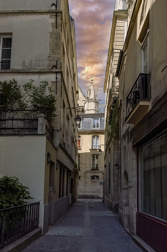 Paris, buildings in the Marais, in the center, in a typical street