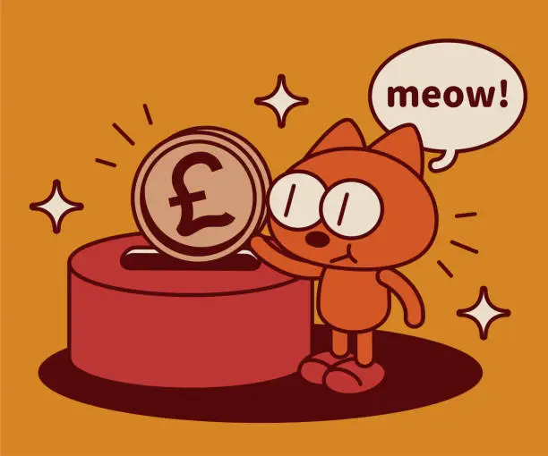 Vector illustration of A quirky and cute kitten puts money into a coin bank or donation box