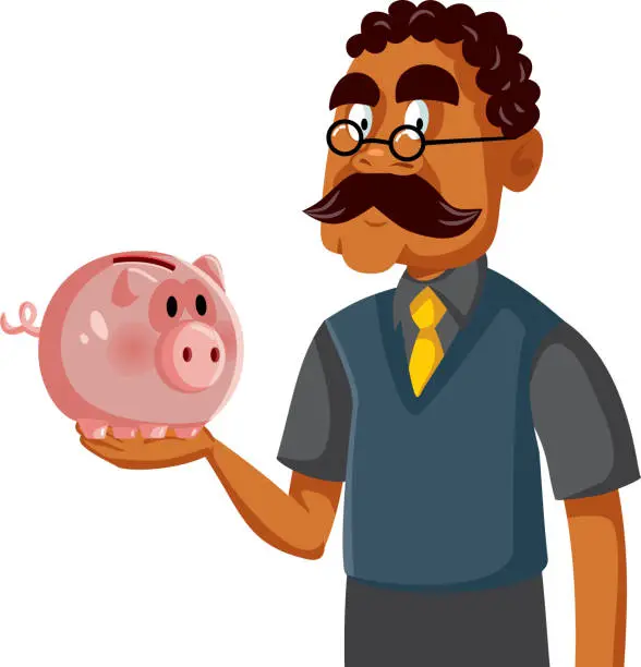 Vector illustration of Elderly Man of African Ethnicity Holding a Piggy Bank Vector Cartoon