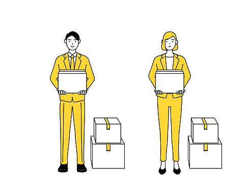 Simple line drawing illustration of businessman and businesswoman in a suit holding a cardboard box.