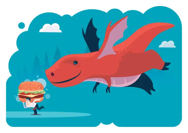 Vector illustration of flying dinosaur following businessman who carrying big hamburger