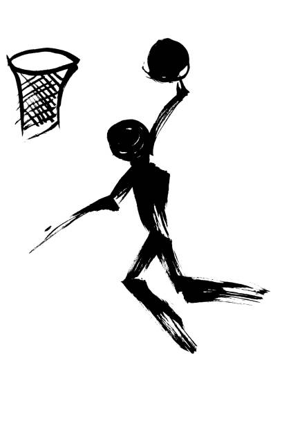 Illustration of "Basketball silhouette " handwritten with a brush The brush character handwritten with a brush is processed in monochrome (binarization) and the background is completely white, making it easy to cut out. silhouette of basketball player slam dunk stock illustrations