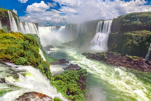 Iguazu Falls in Brazil and Argentina, beautiful waterfalls in sunny day