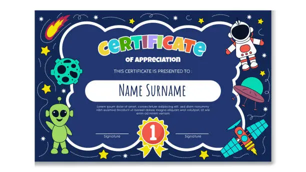 Vector illustration of Fun Colorful Certificate Template for Kids. Space Theme Certificate