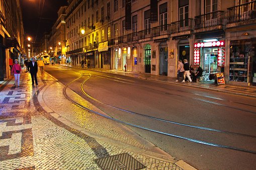 Lisbon, Portugal - 09 May 2015: The vintage street in Lisbon city at night, Portugal