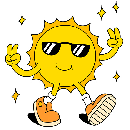 Vector illustration of a positive shining sun character walking in sunglasses walking and showing a peace sign with his hands in groovy stile isolated on white background