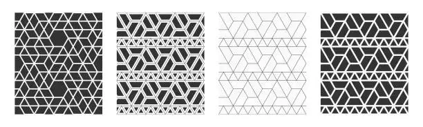 Vector illustration of Set of four vctor seamless geometric patterns. Mosaics. Polygonal trellis on the base of triangular grid.