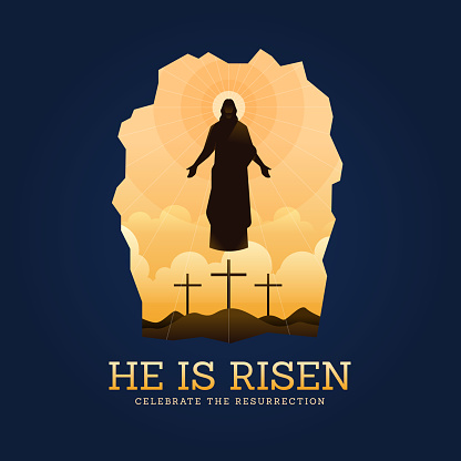 He is risen, Celebrate the resurrection - Silhouette of Jesus Christ risen coming out from sepulchre or tomb floating in the sky with sunlight vector design