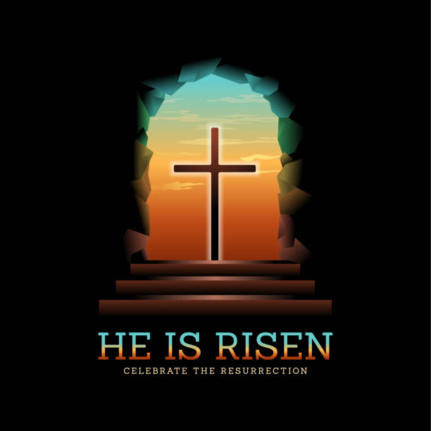 istock He is risen, Celebrate the resurrection - Silhouette cross crucifix with light looking out from sepulchre or tomb vector design 1972017395