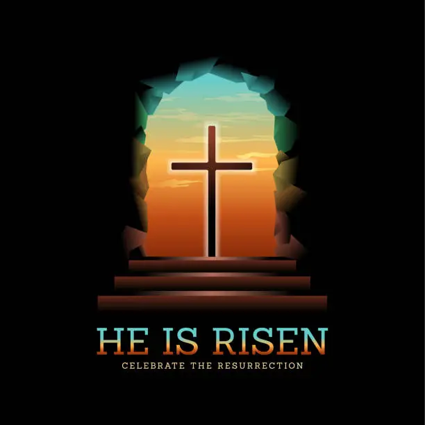 Vector illustration of He is risen, Celebrate the resurrection - Silhouette cross crucifix with light looking out from sepulchre or tomb vector design