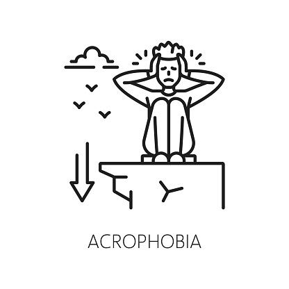 Human acrophobia phobia icon, mental health. Fear of heights problem, Psychological problem or mental disorder line vector symbol, icon or sign with scared man sitting on edge of cliff