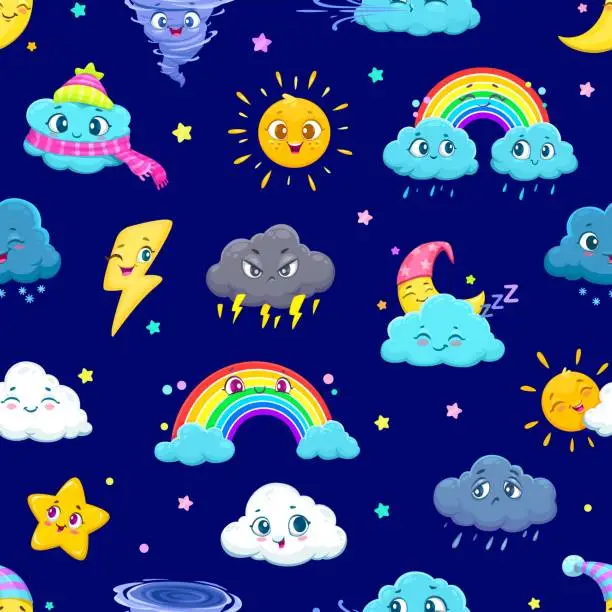 Vector illustration of Cartoon cute weather characters seamless pattern