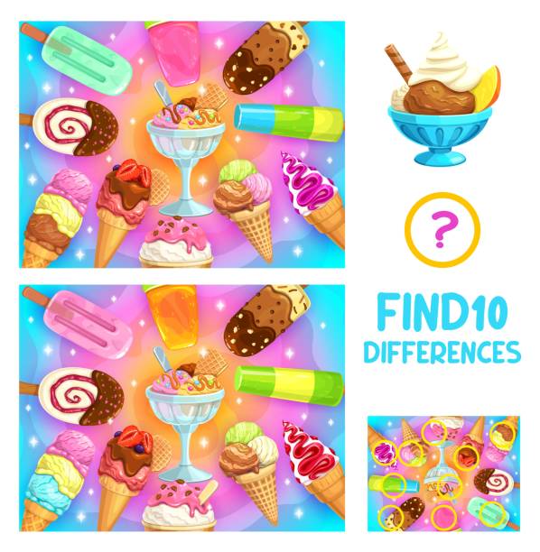 Find ten differences in cartoon ice cream gelato Find ten differences in cartoon ice cream gelato, sundae, chocolate and vanilla cone, vector puzzle worksheet. Frozen sweet desserts or ice cream scoop in cones, kids quiz game to find ten differences multiplication worksheet stock illustrations