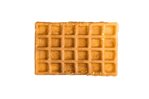 Single Belgian waffle on a dark white background
