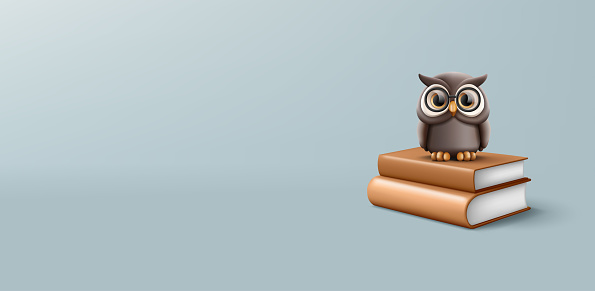 3d brown owl illustration sitting on pile of books, college or school education icon composition