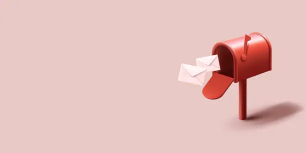 Vector illustration of Vintage red mailbox with flying in white closed envelopes, post delivery composition, 3d render cartoon realistic style