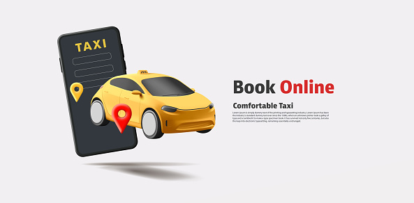 Yellow cab taxi car float in air in front of their smartphones, online taxi services by application on smartphones, black and yellow with red pin, banner