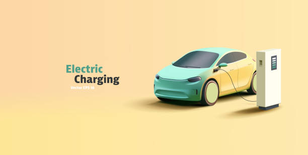 istock Electric Vehicle at charging station 3d render illustration. Modern SUV simplified car illustration and power station to recharge 1972021605
