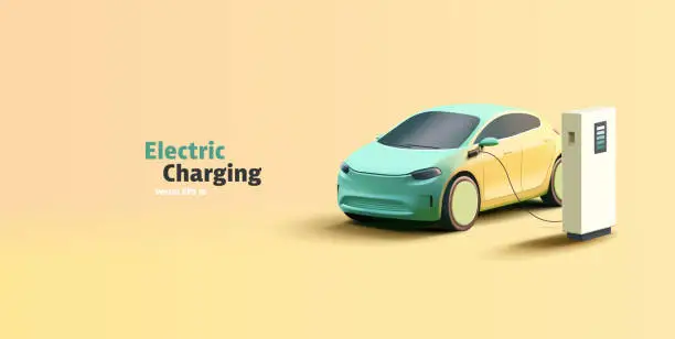 Vector illustration of Electric Vehicle at charging station 3d render illustration. Modern SUV simplified car illustration and power station to recharge