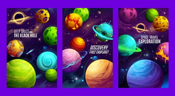 Cartoon galaxy space planets posters, fantasy UFO and alien spacecraft, vector background. Kids galactic and fantastic outer space posters with spaceflight discovery and black hole exploration