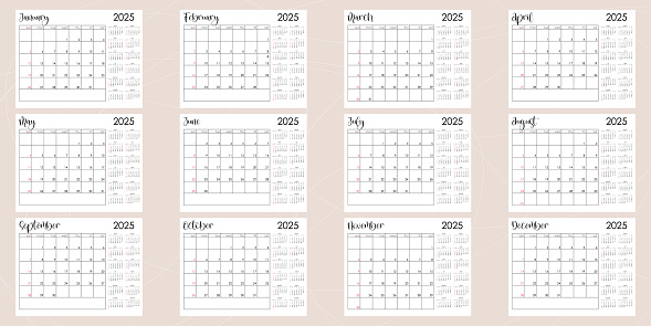 Bullet journal template. Monthly planer 2025. Week start from Sunday calendar. Ready to print 8,5x11 in pages. Vector illustration
