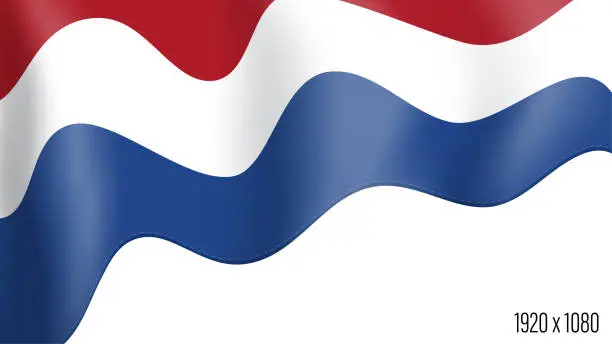 Vector illustration of Holland country flag realistic independence day background. Netherlands commonwealth banner in motion waving, fluttering in wind. Festive patriotic HD format template for independence day