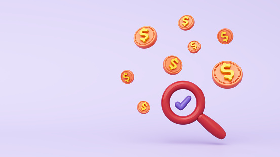 Magnifying glass and check mark with dollar coins. business finance profit, economy and internet banking. strategy marketing online investment and currency. copy space. clipping path. 3D Illustration.