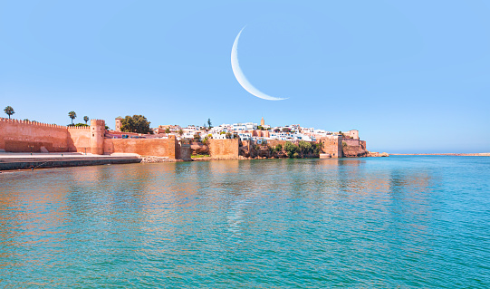 Kasbah of Udayas fortress with crescent in Rabat Morocco. Kasbah Udayas is ancient attraction of Rabat Morocco