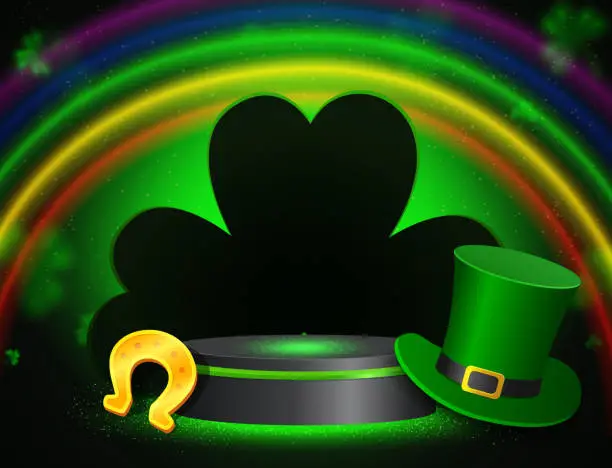 Vector illustration of Vector illustration background with shining stage and green clover, rainbow, horseshoe and Leprechaun Top Hat for St Patricks day