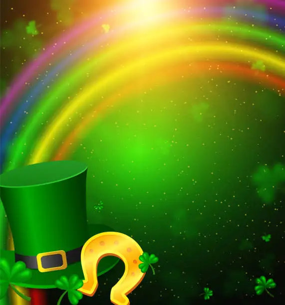 Vector illustration of Vector illustration shining background with green clovers, horseshoe, rainbow, Leprechaun Top Hat and sunlight beams