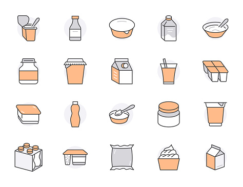 Yogurt packaging flat line icons. Dairy products - milk bottle, cream, kefir, cottage cheese, porridge, shake, smoothie illustrations. Thin signs for food store. Orange Color. Editable Strokes.